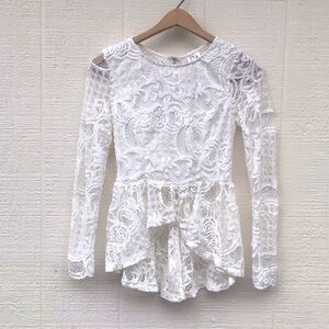 Angel Biba white lace sheer hi lo peplum style long sleeve blouse
